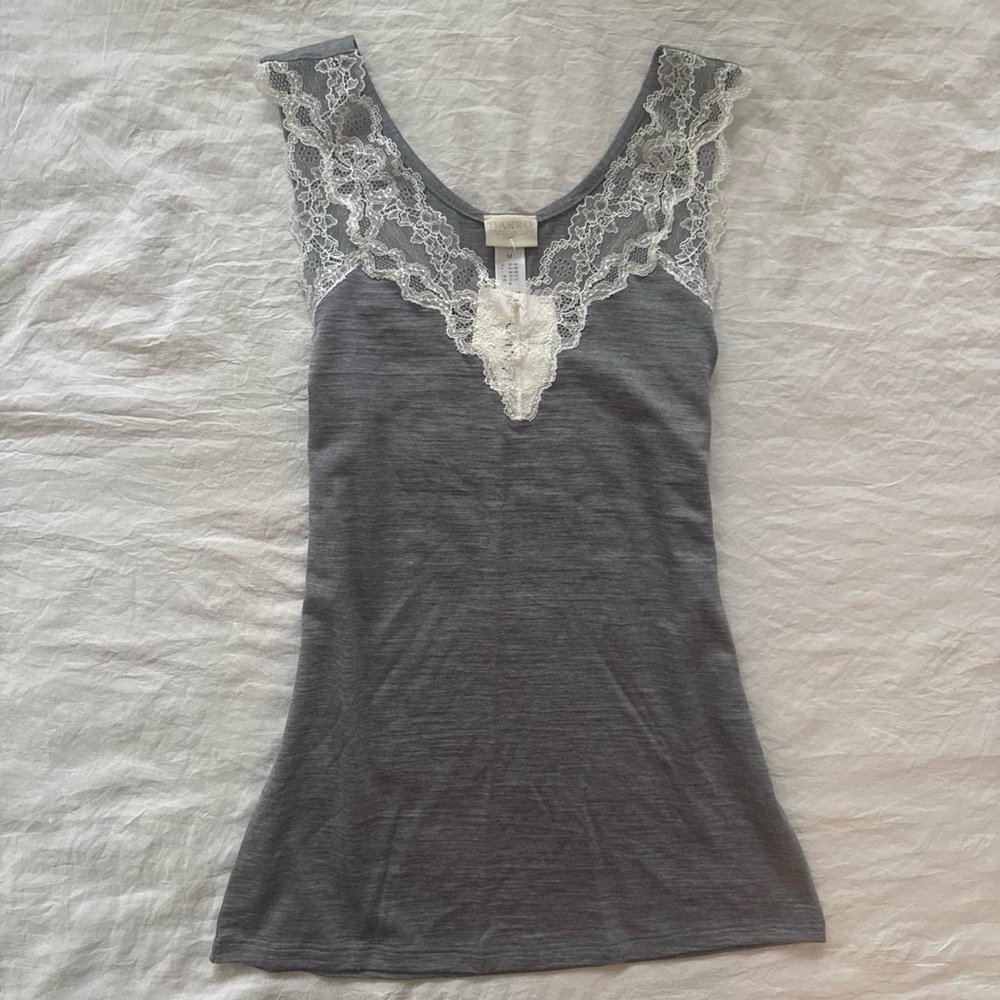 Hanro Gray Tank Chemise with White Lace Trim